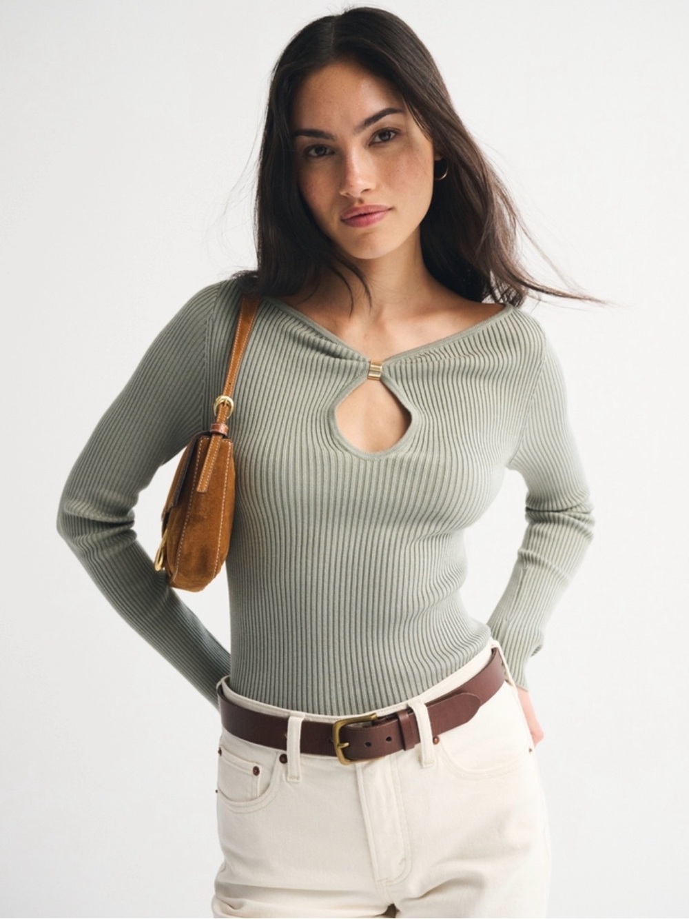 A&F Ribbed Keyhole Long-Sleeve Sweater Top in Sage